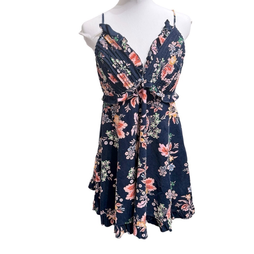 NEW Free People Cord Looking Glass Mini Navy Blue Ruffle Corduroy Floral Sz L - Picture 5 of 10